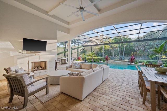 4249 Deephaven Ln, Naples, FL 34119 - view of patio / terrace featuring an outdoor living space with a fireplace, ceiling fan, and a pool with connected hot tub