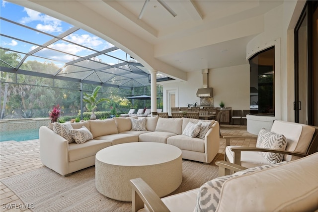 4249 Deephaven Ln, Naples, FL 34119 - view of patio / terrace with outdoor lounge area, ceiling fan, an outdoor pool, area for grilling, and a lanai