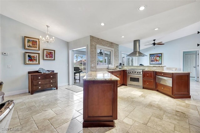 kitchen with vaulted ceiling, stainless steel electric stove, a peninsula, island exhaust hood, and a sink
