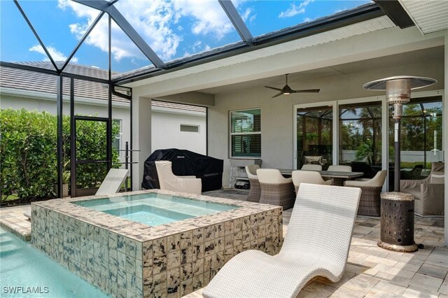 9292 Cayman Dr, Naples, FL 34114 - view of pool featuring an in-ground hot tub, a ceiling fan, a patio area, area for grilling, and a lanai