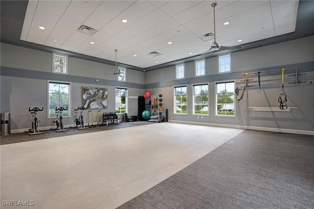 9292 Cayman Dr, Naples, FL 34114 - workout area with ceiling fan, plenty of natural light, a high ceiling, baseboards, and recessed lighting