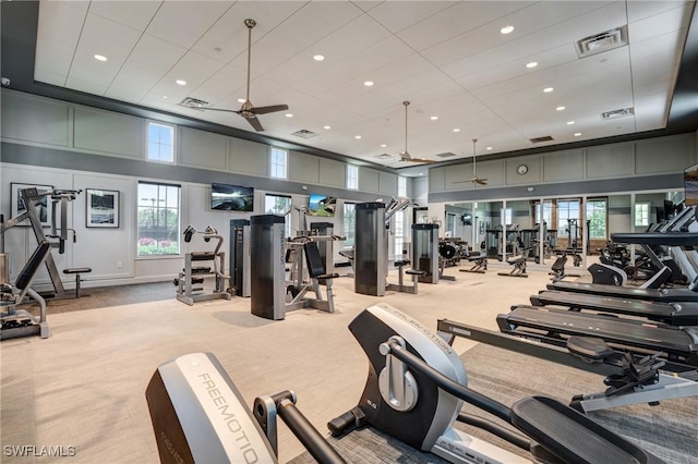 9292 Cayman Dr, Naples, FL 34114 - exercise room featuring ceiling fan, light colored carpet, a towering ceiling, and recessed lighting