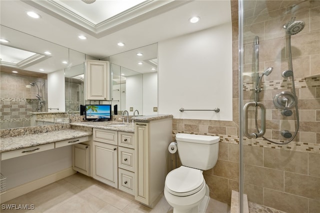 25900 Hickory Blvd Unit 504, Bonita Springs, FL 34134 - bathroom with tile walls, vanity, a shower stall, toilet, and recessed lighting