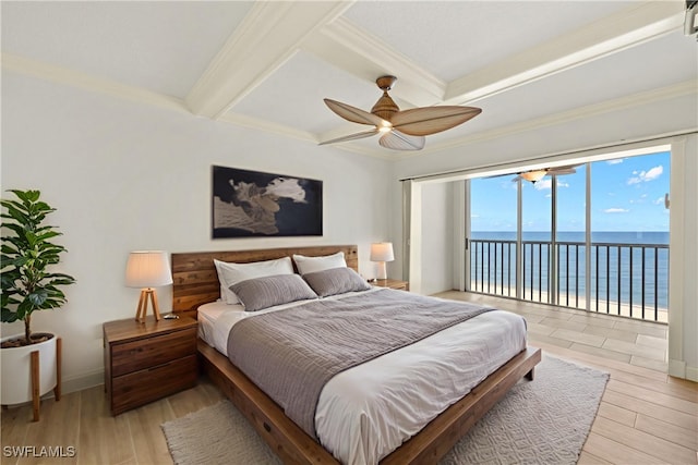 25900 Hickory Blvd Unit 504, Bonita Springs, FL 34134 - bedroom featuring access to outside, a water view, coffered ceiling, light wood-style floors, and beamed ceiling