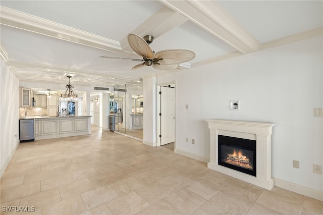 25900 Hickory Blvd Unit 504, Bonita Springs, FL 34134 - unfurnished living room with a glass covered fireplace, a ceiling fan, beam ceiling, crown molding, and a chandelier