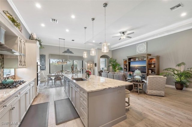 23268 Sanabria Loop, Bonita Springs, FL 34135 - kitchen with appliances with stainless steel finishes, a sink, ceiling fan, arched walkways, and ornamental molding