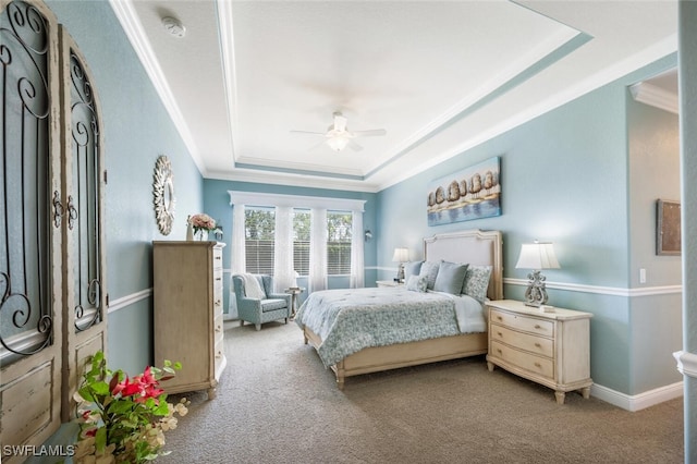 23268 Sanabria Loop, Bonita Springs, FL 34135 - bedroom featuring a raised ceiling, crown molding, light colored carpet, baseboards, and ceiling fan