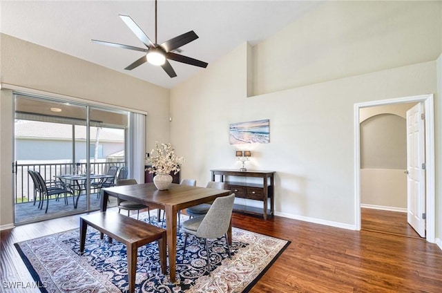 13891 Lake Mahogany Blvd Unit 3123, Fort Myers, FL 33907 - dining room featuring ceiling fan, wood finished floors, baseboards, and high vaulted ceiling