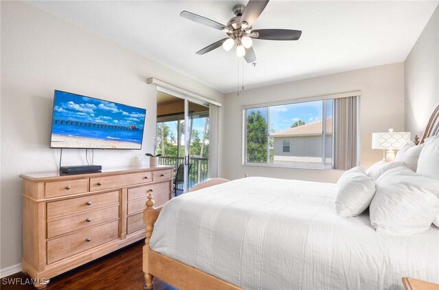 13891 Lake Mahogany Blvd Unit 3123, Fort Myers, FL 33907 - bedroom with access to exterior, dark wood-style flooring, ceiling fan, and baseboards