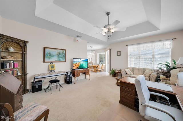 2010 SE 13th Ter, Cape Coral, FL 33990 - office with a raised ceiling, ceiling fan, and light carpet