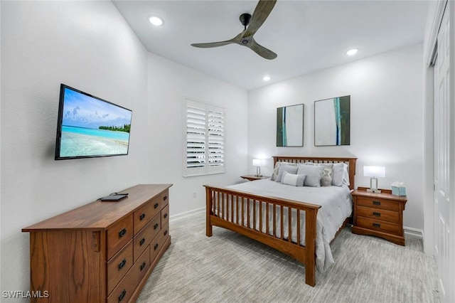 10220 Bellavista Cir Unit 1402, Miromar Lakes, FL 33913 - bedroom with baseboards, recessed lighting, light carpet, and ceiling fan