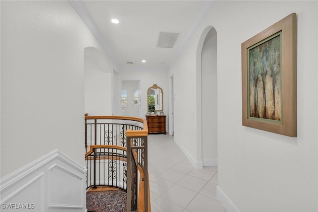 9142 Cherry Oaks Ln Unit 202, Naples, FL 34114 - corridor featuring an upstairs landing, arched walkways, recessed lighting, and light tile patterned flooring