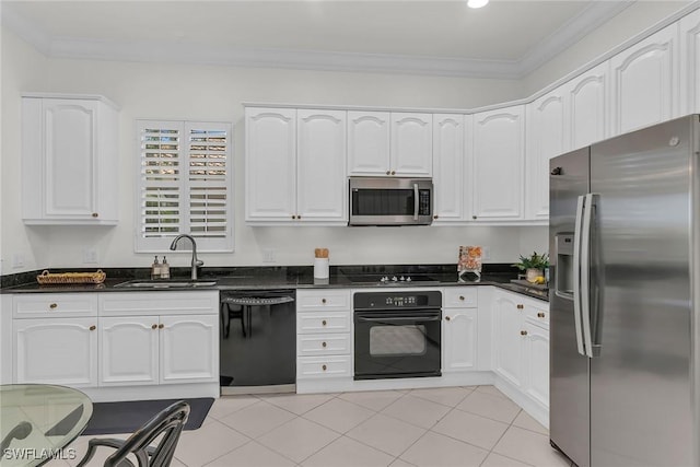 9142 Cherry Oaks Ln Unit 202, Naples, FL 34114 - kitchen with black appliances, a sink, white cabinetry, crown molding, and dark stone counters