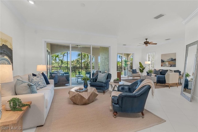 9142 Cherry Oaks Ln Unit 202, Naples, FL 34114 - tiled living room with ornamental molding and ceiling fan