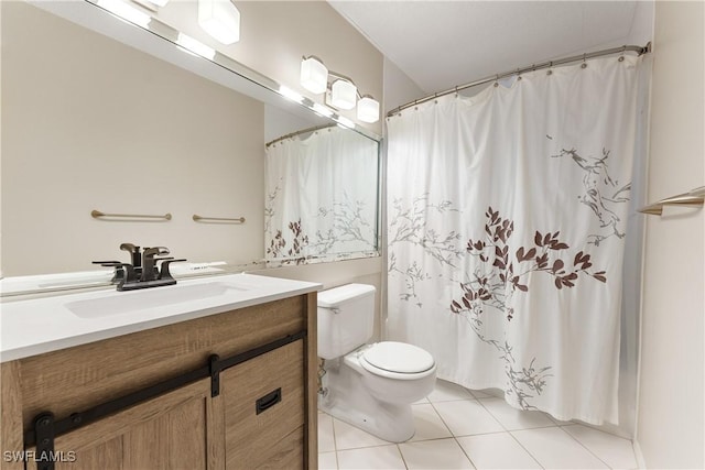 6612 Estero Blvd Unit Ph2, Fort Myers Beach, FL 33931 - bathroom with vanity, tile patterned floors, toilet, and a shower with shower curtain