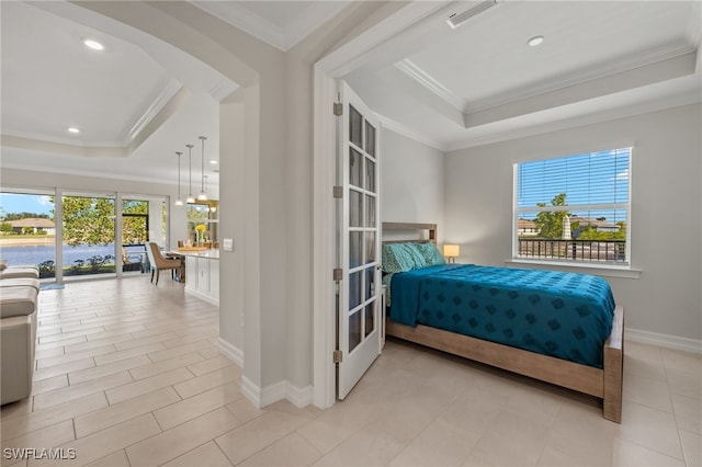 309 Spiaggio Ct, Naples, FL 34114 - bedroom with a tray ceiling, crown molding, recessed lighting, arched walkways, and baseboards
