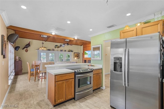 7269 Heaven Ln, Fort Myers, FL 33908 - kitchen featuring appliances with stainless steel finishes, light countertops, crown molding, baseboards, and recessed lighting