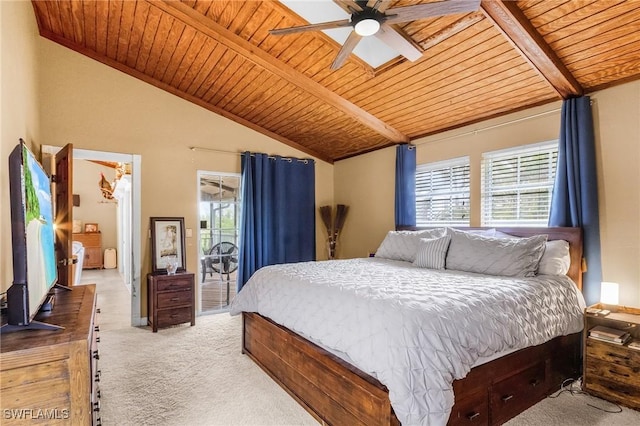7269 Heaven Ln, Fort Myers, FL 33908 - bedroom with wood ceiling, carpet flooring, access to exterior, and ceiling fan