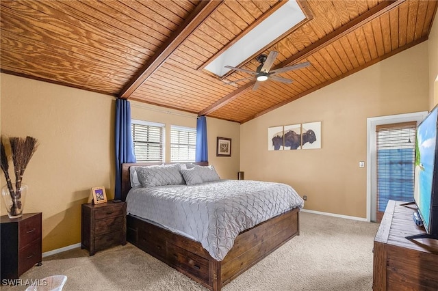 7269 Heaven Ln, Fort Myers, FL 33908 - bedroom featuring wooden ceiling, a skylight, carpet, baseboards, and ceiling fan