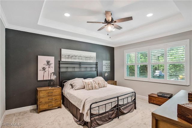 8651 Colony Trace Dr, Fort Myers, FL 33908 - bedroom featuring a tray ceiling, light carpet, ornamental molding, baseboards, and recessed lighting