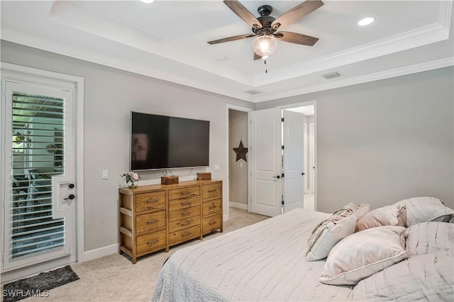 8651 Colony Trace Dr, Fort Myers, FL 33908 - bedroom with a raised ceiling, light colored carpet, recessed lighting, crown molding, and baseboards