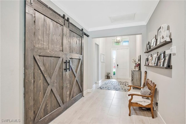 8651 Colony Trace Dr, Fort Myers, FL 33908 - tiled entrance foyer featuring a barn door, ornamental molding, and baseboards