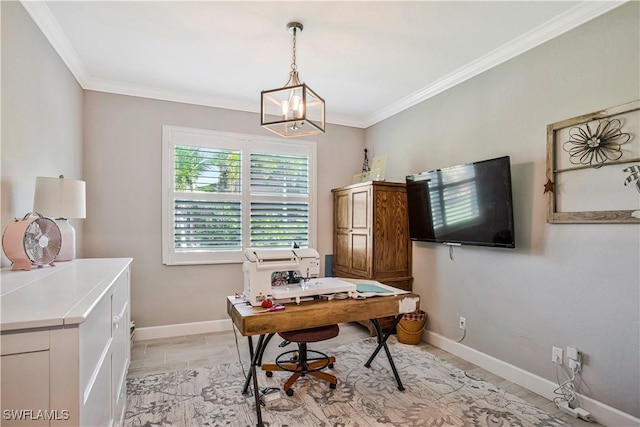 8651 Colony Trace Dr, Fort Myers, FL 33908 - office area featuring baseboards, a chandelier, and crown molding