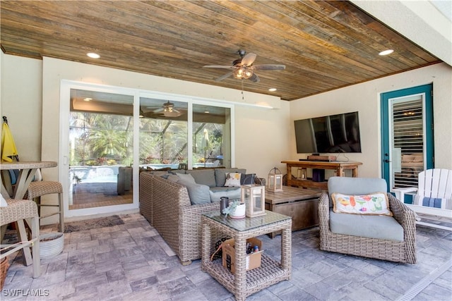 8651 Colony Trace Dr, Fort Myers, FL 33908 - living room with a ceiling fan, wood ceiling, and recessed lighting
