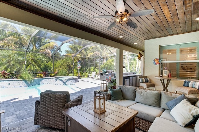 8651 Colony Trace Dr, Fort Myers, FL 33908 - view of patio / terrace featuring an outdoor living space, ceiling fan, a pool with connected hot tub, and a lanai