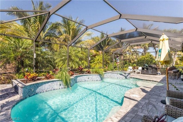 8651 Colony Trace Dr, Fort Myers, FL 33908 - view of swimming pool featuring a patio area, area for grilling, a pool with connected hot tub, and glass enclosure