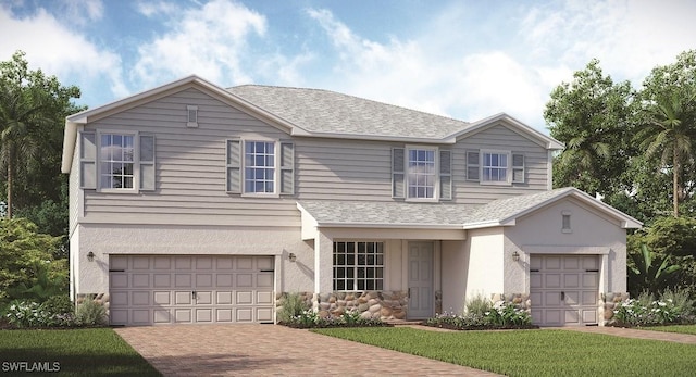 10871 Rose Quartz Ln, North Fort Myers, FL 33917 - traditional-style home featuring decorative driveway, an attached garage, a shingled roof, and stucco siding