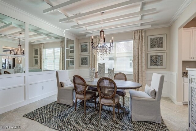 10871 Rose Quartz Ln, North Fort Myers, FL 33917 - dining space featuring a chandelier, coffered ceiling, a decorative wall, ornamental molding, and beamed ceiling