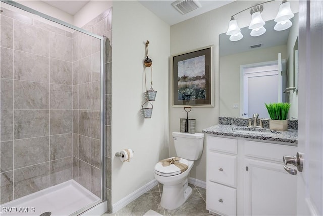 10871 Rose Quartz Ln, North Fort Myers, FL 33917 - bathroom featuring a shower stall, toilet, vanity, baseboards, and tile patterned floors