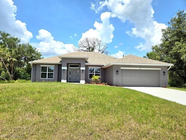 2201 Como St, Port Charlotte, FL 33948 - view of front facade with an attached garage, stucco siding, a front yard, driveway, and a shingled roof