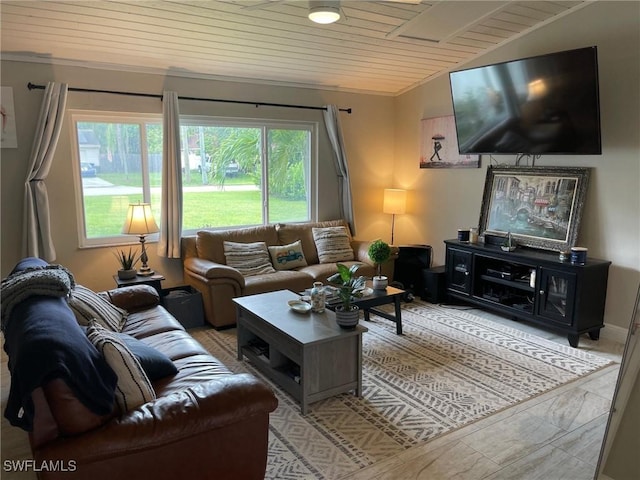 17133 Phlox Dr, Fort Myers, FL 33967 - living area with wood ceiling, crown molding, and lofted ceiling