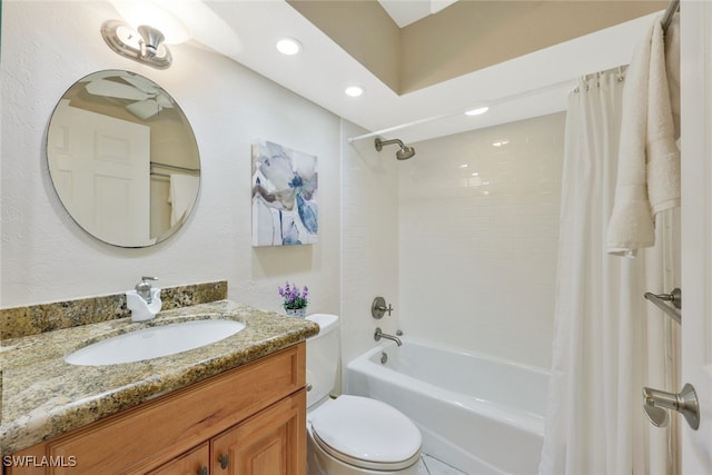 full bath with toilet, shower / tub combo with curtain, vanity, and recessed lighting