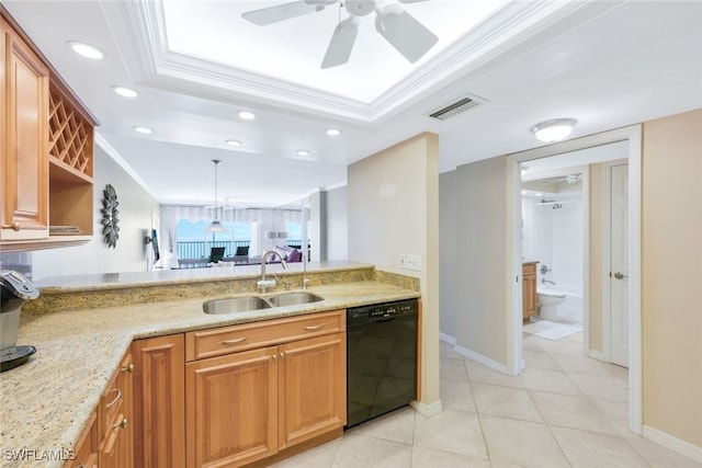 kitchen with black dishwasher, a sink, ornamental molding, a ceiling fan, and recessed lighting