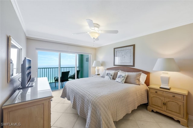bedroom with access to exterior, light tile patterned floors, crown molding, and ceiling fan
