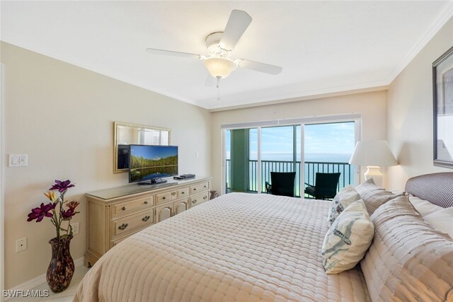 bedroom with access to outside, ornamental molding, a ceiling fan, and baseboards