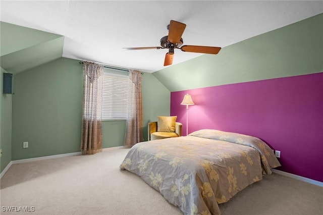 1263 Caloosa Dr, Fort Myers, FL 33901 - carpeted bedroom featuring vaulted ceiling, baseboards, and ceiling fan