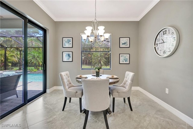 2102 Antigua Ln, Naples, FL 34120 - dining space featuring plenty of natural light, a chandelier, ornamental molding, baseboards, and light tile patterned floors