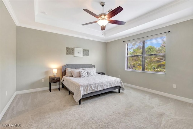 2102 Antigua Ln, Naples, FL 34120 - bedroom with a raised ceiling, ornamental molding, light colored carpet, baseboards, and a ceiling fan