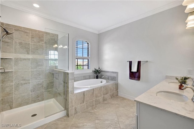 2102 Antigua Ln, Naples, FL 34120 - bathroom featuring tiled shower, a garden tub, crown molding, tile patterned flooring, and double vanity