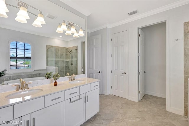 2102 Antigua Ln, Naples, FL 34120 - bathroom with a stall shower, ornamental molding, a garden tub, double vanity, and a chandelier