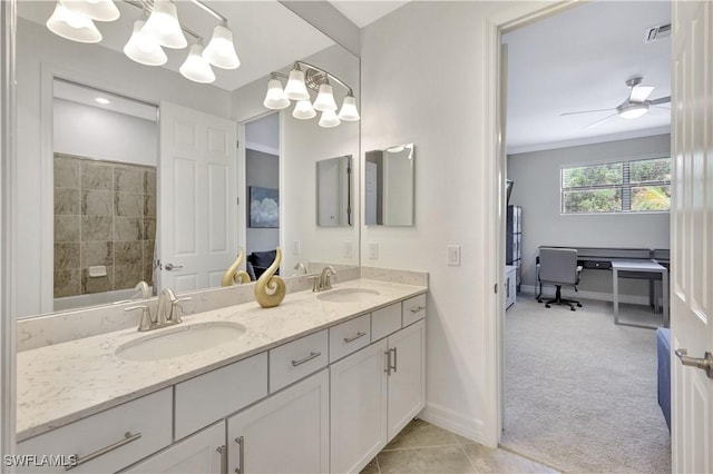 2102 Antigua Ln, Naples, FL 34120 - full bath with double vanity, baseboards, a chandelier, and a ceiling fan