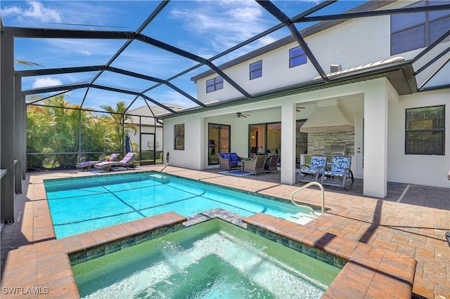 2102 Antigua Ln, Naples, FL 34120 - view of pool with a patio area, a pool with connected hot tub, an outdoor living space, and a ceiling fan