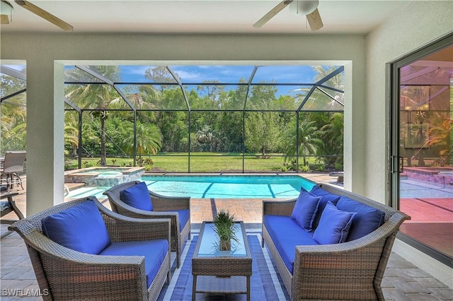 2102 Antigua Ln, Naples, FL 34120 - view of pool featuring a ceiling fan, an outdoor hangout area, and a pool with connected hot tub