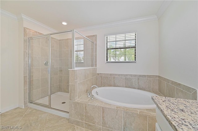 11937 Silver Cobblestone Way, Fort Myers, FL 33913 - full bathroom with a bath, a stall shower, crown molding, tile patterned floors, and vanity