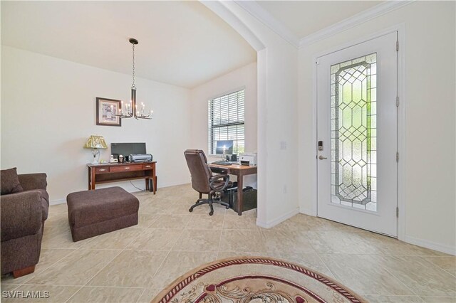 11937 Silver Cobblestone Way, Fort Myers, FL 33913 - entryway with a chandelier, light tile patterned flooring, ornamental molding, arched walkways, and baseboards