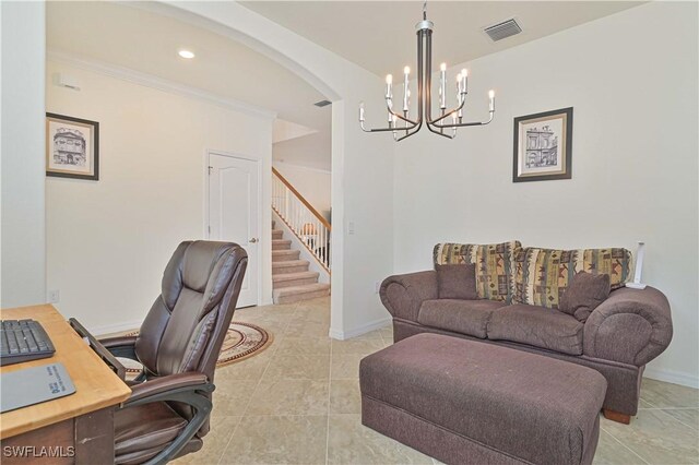 11937 Silver Cobblestone Way, Fort Myers, FL 33913 - office featuring arched walkways, a chandelier, light tile patterned floors, baseboards, and recessed lighting